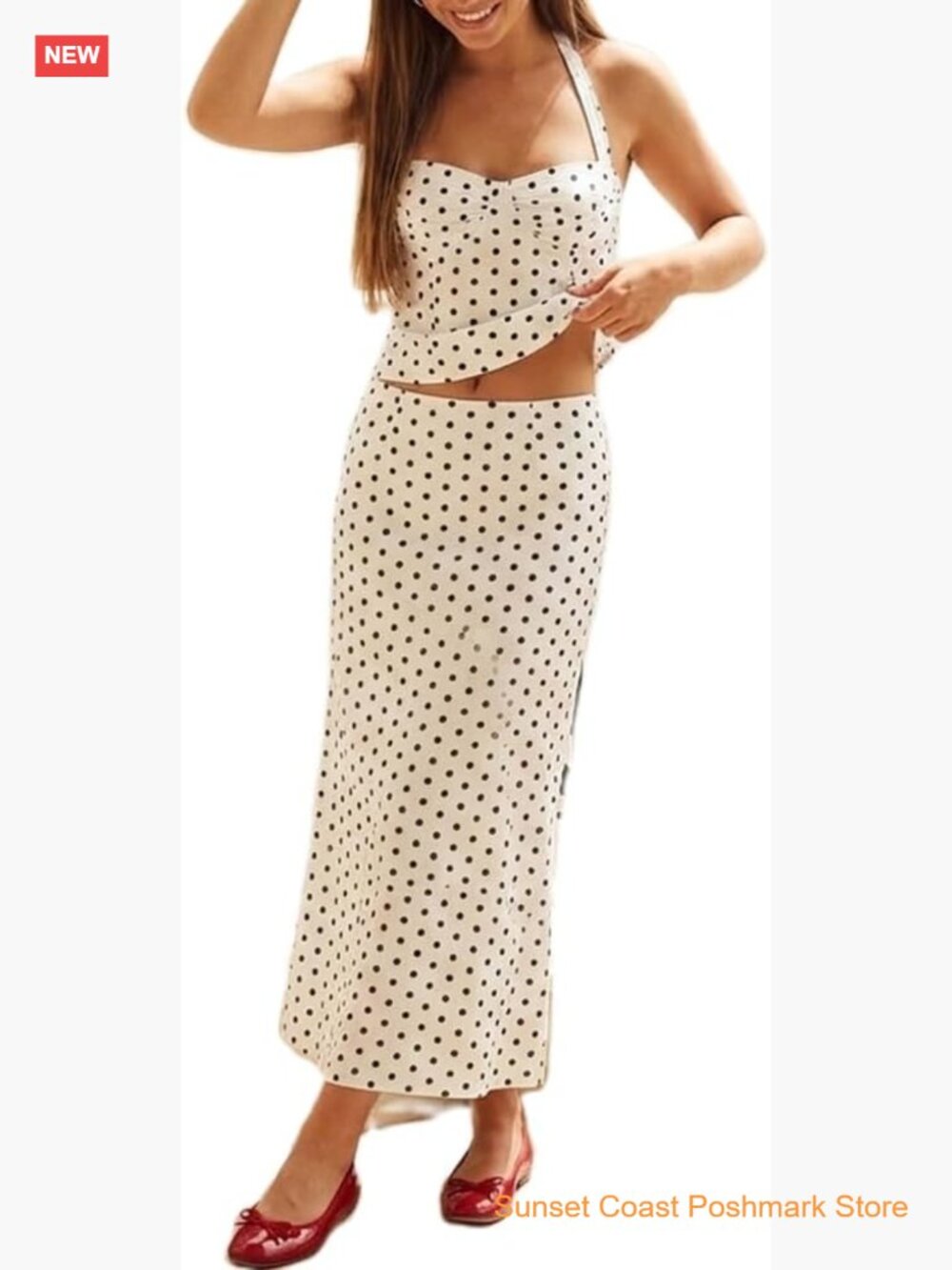 Polka Dot 2 Piece Skirt Set - Halter Cami Top & Bodycon Maxi Skirt - Y2K Beach
